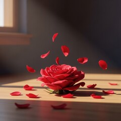 A single, open, red rose with petals falling on a sunlit wooden floor