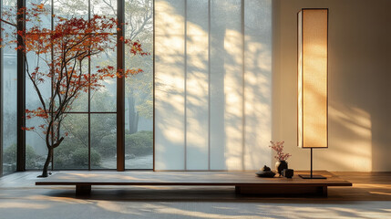 Zen-inspired Chinese tea room/reception room interior space light and shadow landscape