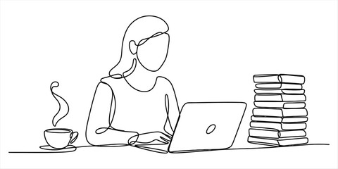 A continuous line art drawing of a person working remotely at a desk with a laptop Vector, illustration