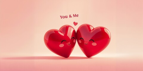 Two smiling red hearts touching with "You & Me" text on pink background  