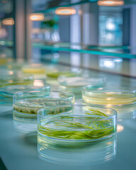 Natural fibers and biomaterials in petri dishes including cellulose biopolymers and algae based textures on modern lab bench with soft reflections  
