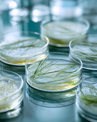 Natural fibers and biomaterials in petri dishes including cellulose biopolymers and algae based textures on modern lab bench with soft reflections  
