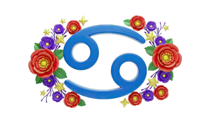 Cancer Zodiac Symbol with Flowers and Stars