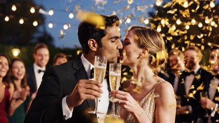 Elegant Couple Celebrating with Champagne - A formally dressed couple kisses while holding champagne flutes as confetti rains down around them.