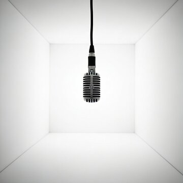 vintage silver microphone hanging in the center of a bright, overexposed white room. The shadows are barely visible, making the microphone appear as if it is floating in a void of pure light. Wide sho