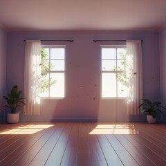 Obraz premium Empty sunlit room with two windows, sheer curtains, plants, and hardwood floors