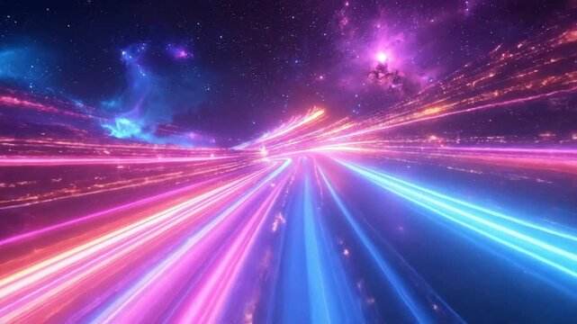Abstract futuristic neon light trails in a vibrant colorful tunnel.