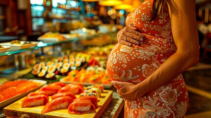 Pregnant woman holding belly while choosing fresh pastries in bakery
