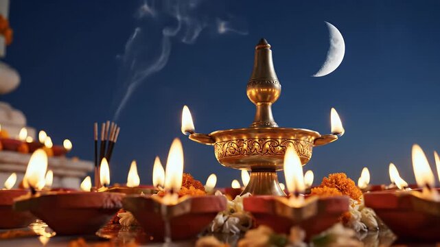 Chandra Darshan background with calm sky and ritual lamps for Hindu lunar worship
