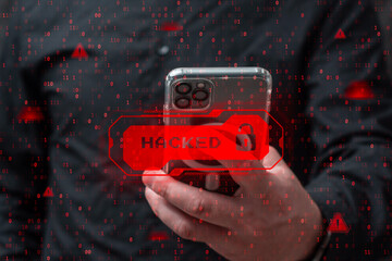 Person holding a smartphone with a red hacked warning and digital lock overlay. Cybersecurity threat, data breach, mobile hacking, privacy risk and online security concept.