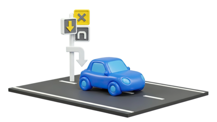 3D Cartoon Blue Car and Road Sign with Arrows