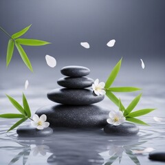 Stacked stones balanced over rippled water, with bamboo leaves & flower petals
