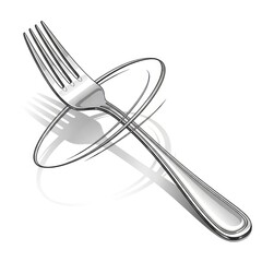 Stylized illustration of a silver fork with a swooshing motion line, casting a shadow