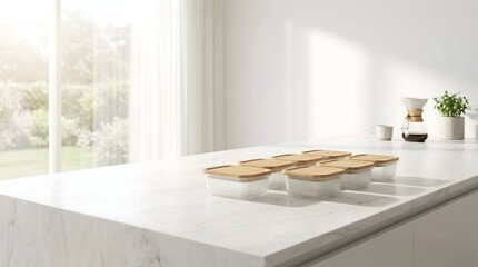 Row of empty glass meal prep containers with wooden bamboo lids on a white marble kitchen countertop