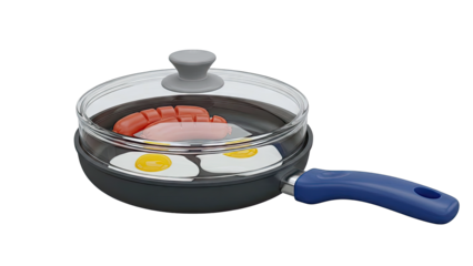 Frying Pan with Fried Eggs and Sausages Under a Glass Lid