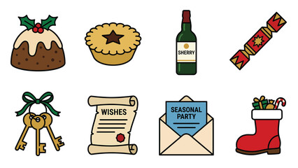 Festive Holiday Icons Collection with Pudding, Sherry, and Gifts