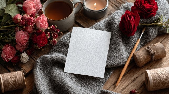 Blank valentines card mockup flat lay on gothic themed crafting table with decorative elements, minimal romantic stationery composition, top-down view, creative design layout for Valentine concepts