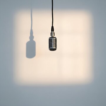 vintage microphone hanging in a white room with a very subtle, warm-toned backlight. The shadows are soft and diffused, creating a creamy white aesthetic. The room is empty, highlighting the microphon