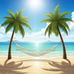 Tropical beach scene with palm trees, hammock, and ocean under a sunny, blue sky