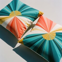 Two decorative pillows with sunburst designs in vibrant turquoise, orange, and white