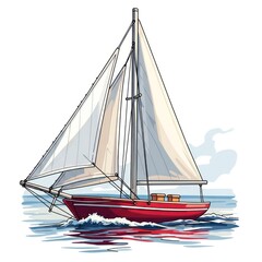 Vivid illustration of a red sailboat with white sails gliding on blue water, under a light sky