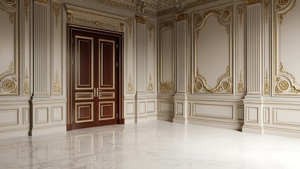 Empty square room with Luxury classic interior with double doors and boiserie on the walls
