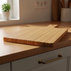 Wooden cutting board on a kitchen counter, close-up with soft lighting and cozy vibes