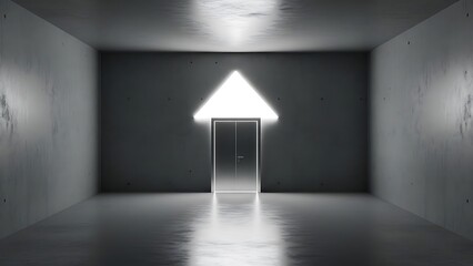 Empty square room with Arrow shaped door with bright light symbolizing improvement