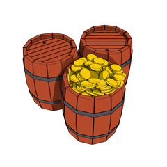 Wooden Old Vintage One Opened filled by Gold Coins and Two Closed Barrel. Vector Illustration.