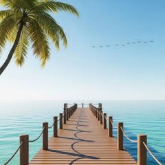 Wooden pier extends over calm turquoise water towards horizon, palm tree and birds in sky