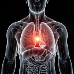 X-ray-like view of a human torso, highlighting lungs and heart, on black background