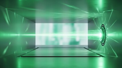 Empty square room with Ultramodern Hangar Laser Glowing with Light Sea Green Colors Background