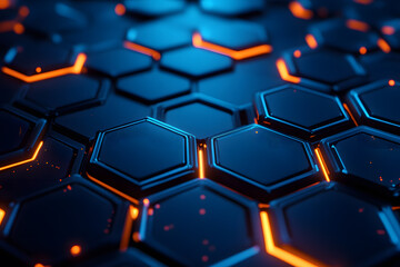 Abstract hexagonal background with glowing orange neon lights and dark blue texture