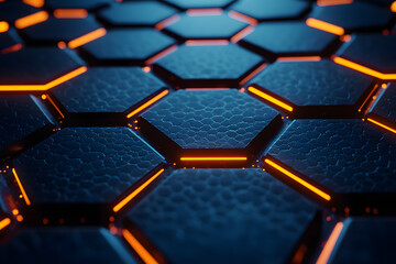 Abstract hexagonal background with glowing orange neon lights and dark blue texture