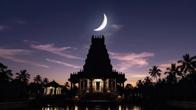 Chandra Darshan background with crescent moon over temple silhouette for Hindu worship