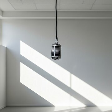 vintage silver pill-style microphone hanging from a white ceiling. Harsh sunlight from a high window creates a sharp, diagonal rectangular shadow across the empty white wall. The room is vast, bright,