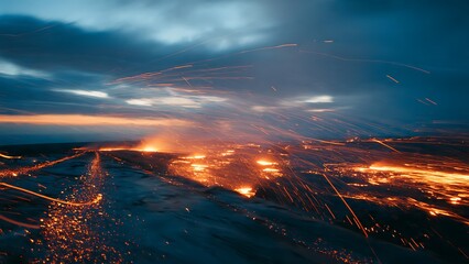Dramatic long exposure of a volcanic eruption at night with glowing orange lava flows and flying sparks under a dark, cloudy sky. Cinematic geological event with vibrant fire and heat.