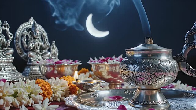 Chandra Darshan background with silver toned altar decor and moonlight reflection