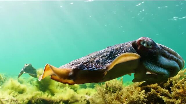 cuttlefish swimming deep underwater in seawater, coral reef life