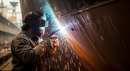 A welder is actively welding a large metal structure, generating bright sparks in an industrial shipyard or factory environment, showcasing skilled craftsmanship and hard work.