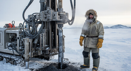 A driller in heavy winter gear stands beside a powerful drilling rig on a snowy terrain, conducting arctic geological exploration in extremely cold weather.