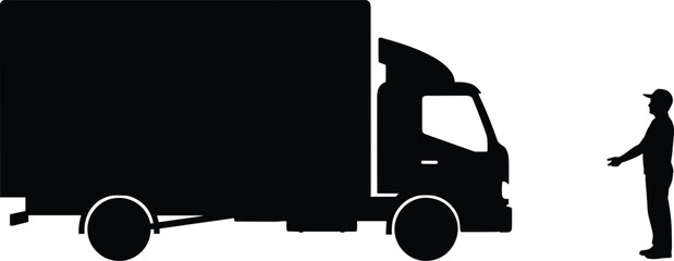 Professional delivery truck silhouette vector with driver character gesturing, commercial cargo van for transport and logistics service, industrial freight shipping concept, © MstMaher