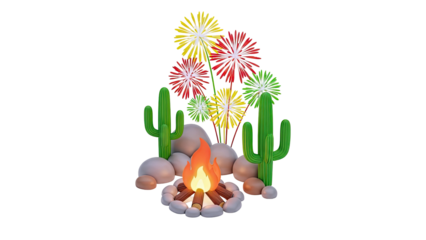 Desert Bonfire with Cactus and Fireworks