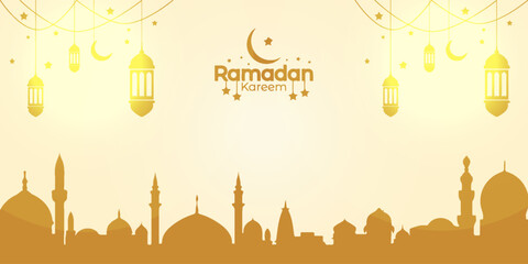 Elegant Ramadan Kareem Background with Mosque and Lantern Illustration, Islamic Festival Card Banner Template for Eid Celebration, Greeting Card, Poster, Social Media, Cover and Decorative Design