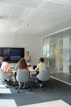 Business team meeting: analyzing data and discussing business model