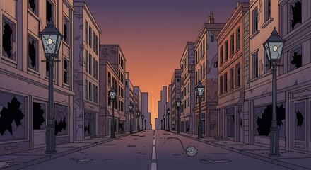 Fototapeta premium Dilapidated city street scene depicts abandonment and ruin under a twilight sky