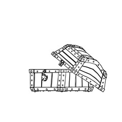Outline for Empty Medieval Chest with Broken Padlock and Lid. Vector Illustration.