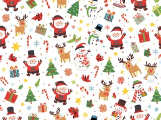 Seamless Christmas pattern with Santa Claus, reindeer, gifts, trees, and festive icons on white background, perfect for holiday wrapping, textile, and wallpaper