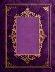 vintage purple and gold card with a large empty space in the middle, a baroque-style frame around it, on a dark violet background.