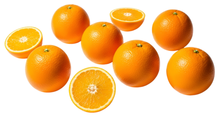 Vibrant oranges and halved oranges on black background for healthy eating concepts